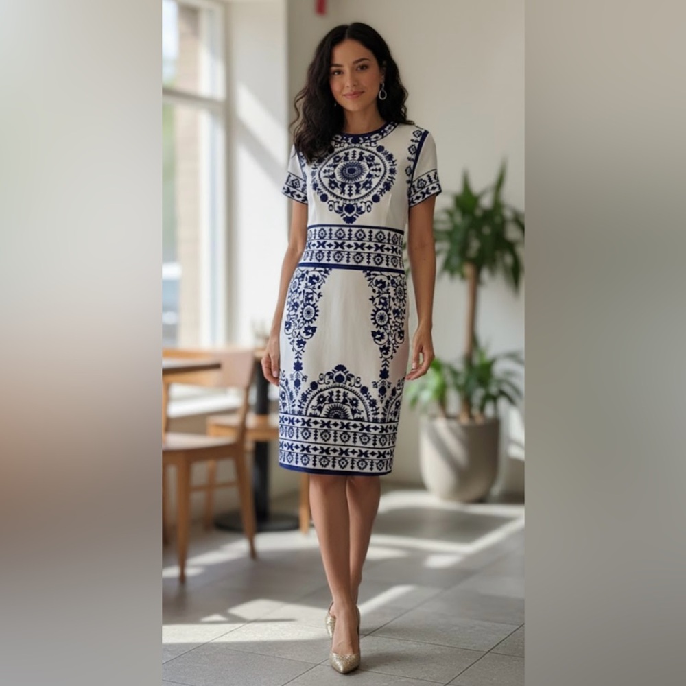 Elegant Blue and White Patterned Dress